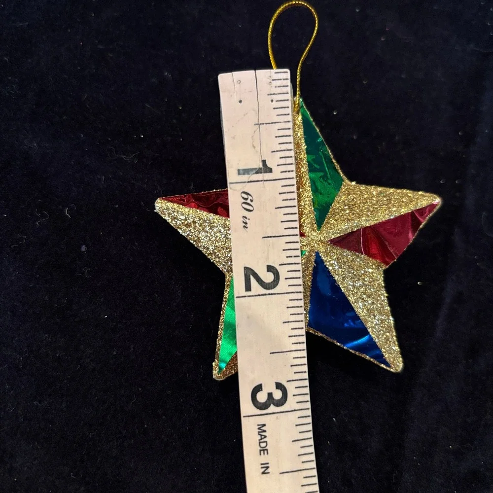 Vintage Glitter Metallic Foil Airplane Train Star Christmas Ornament Set 3pc